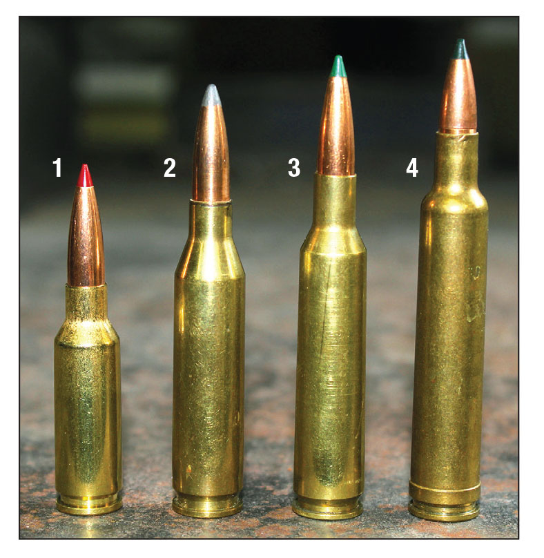Shown for comparison are some popular 6mm cartridges, including the (1) 6mm ARC, (2) .243 Winchester, (3) 6mm Remington and the (4) .240 Weatherby Magnum.
